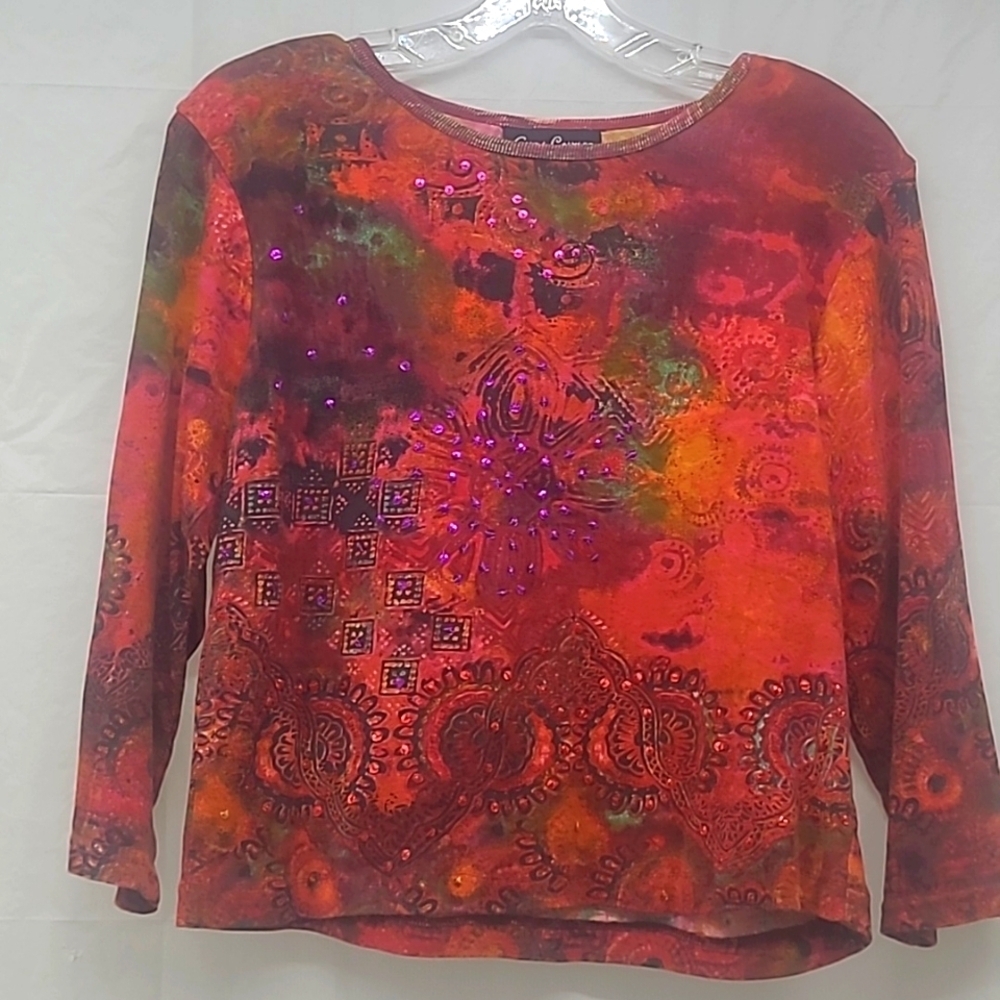 Sequin T-shirt Multi Color Red Purple Blue 3/4 Artsy Floral Print Whimsigoth